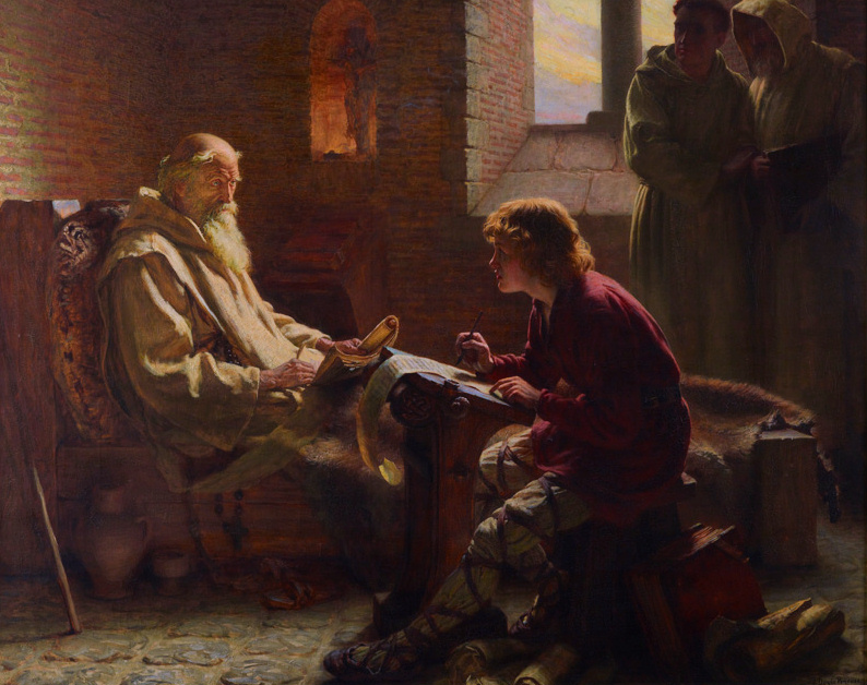 Oil painting of Bede translating the Gospel of John.