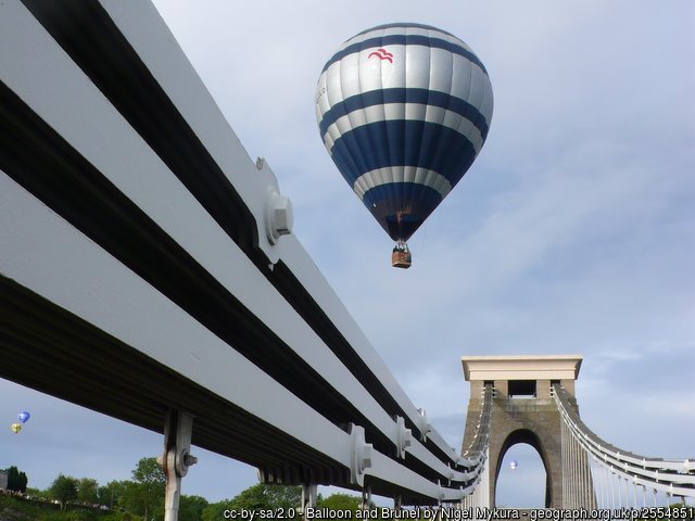 A hot-air balown passing over Brunel's suspension bridge