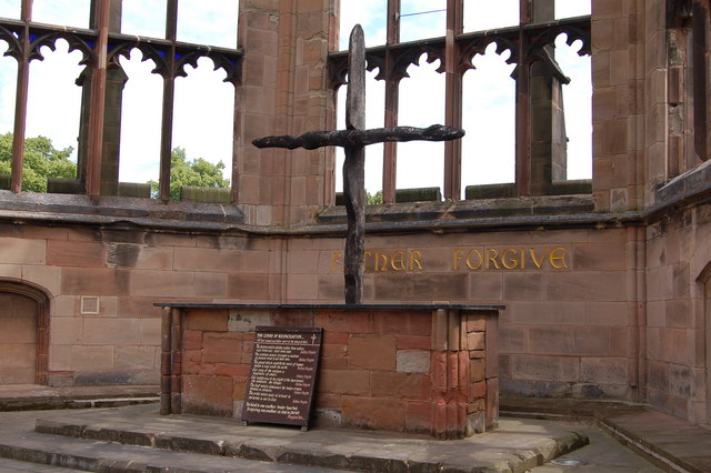 Charred cross in ruined Coventry Cathedral