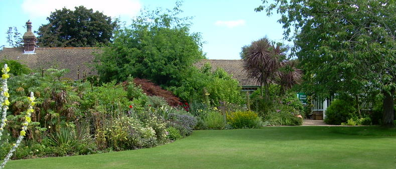 Lawn with beautiful flower borders beyond at Denmans Garden.