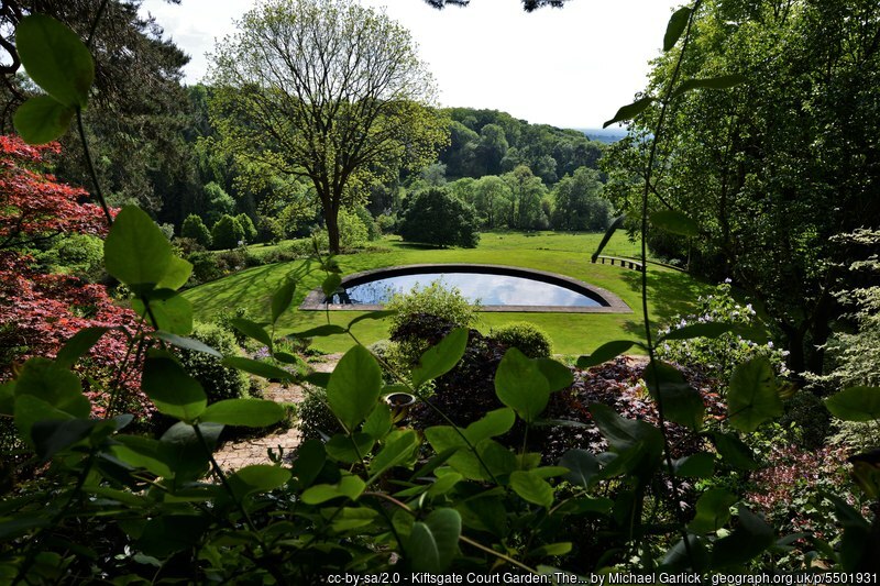 Moon shaped pond with view over the Severn Valley